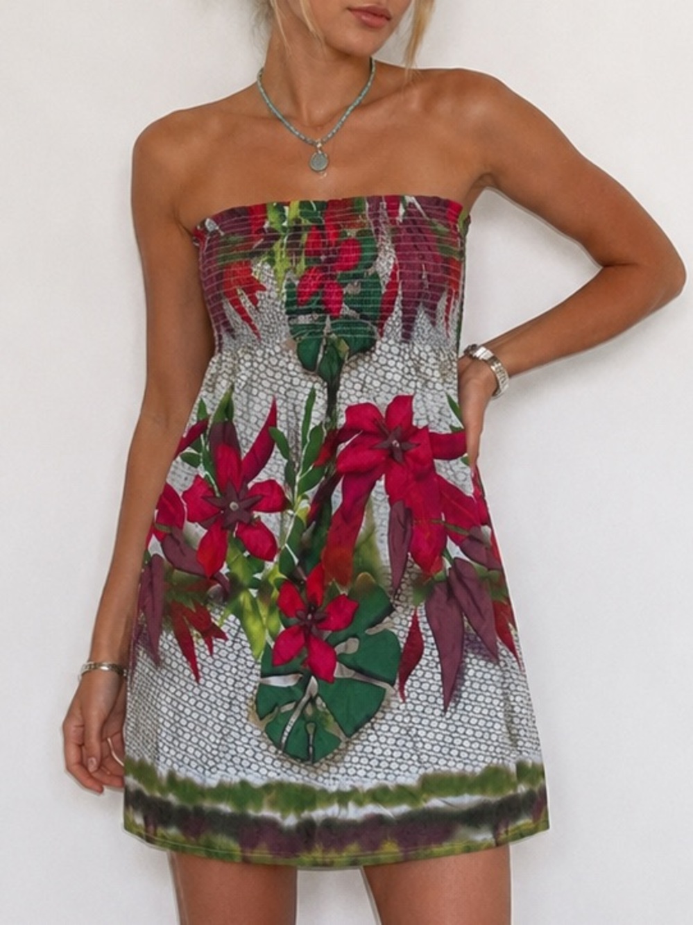 George Floral Strappless Mini Dress in Red, Green & Purple